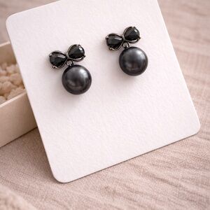 Black Bow Faux Pearl Stud Earrings | Gunmetal Rhinestone